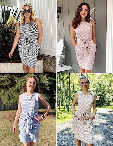MEROKEETY Womens 2025 Summer Sleeveless Striped T Shirt Dress Casual Crew Neck Tie Waist Mini Dresses, Yellow, Large - Image 5