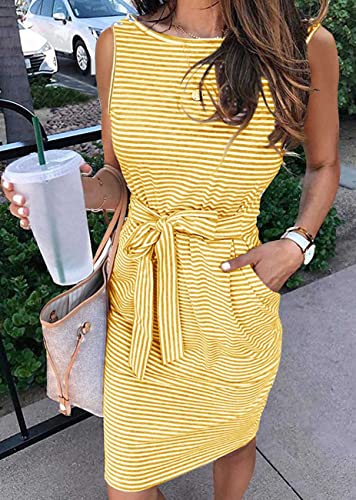 MEROKEETY Womens 2025 Summer Sleeveless Striped T Shirt Dress Casual Crew Neck Tie Waist Mini Dresses, Yellow, Large - Image 2