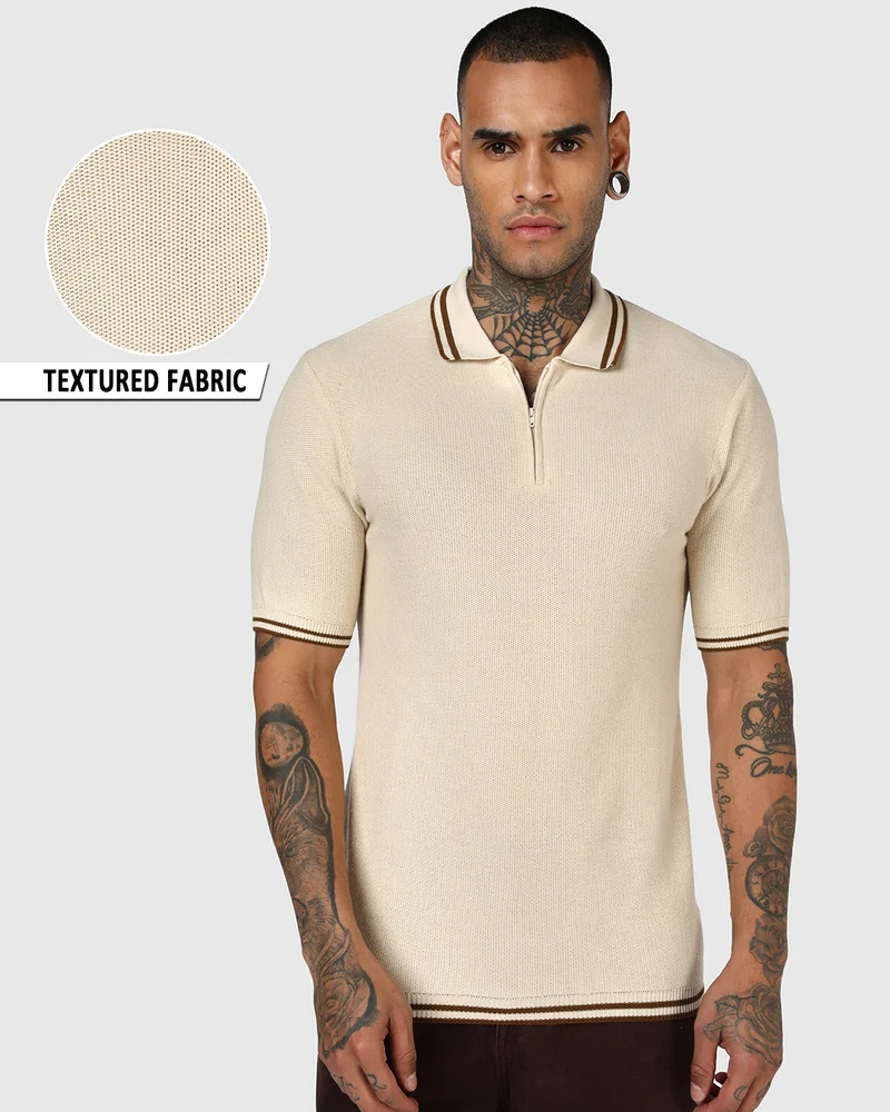 bewakoof Men's Off White Textured Polo T-shirt