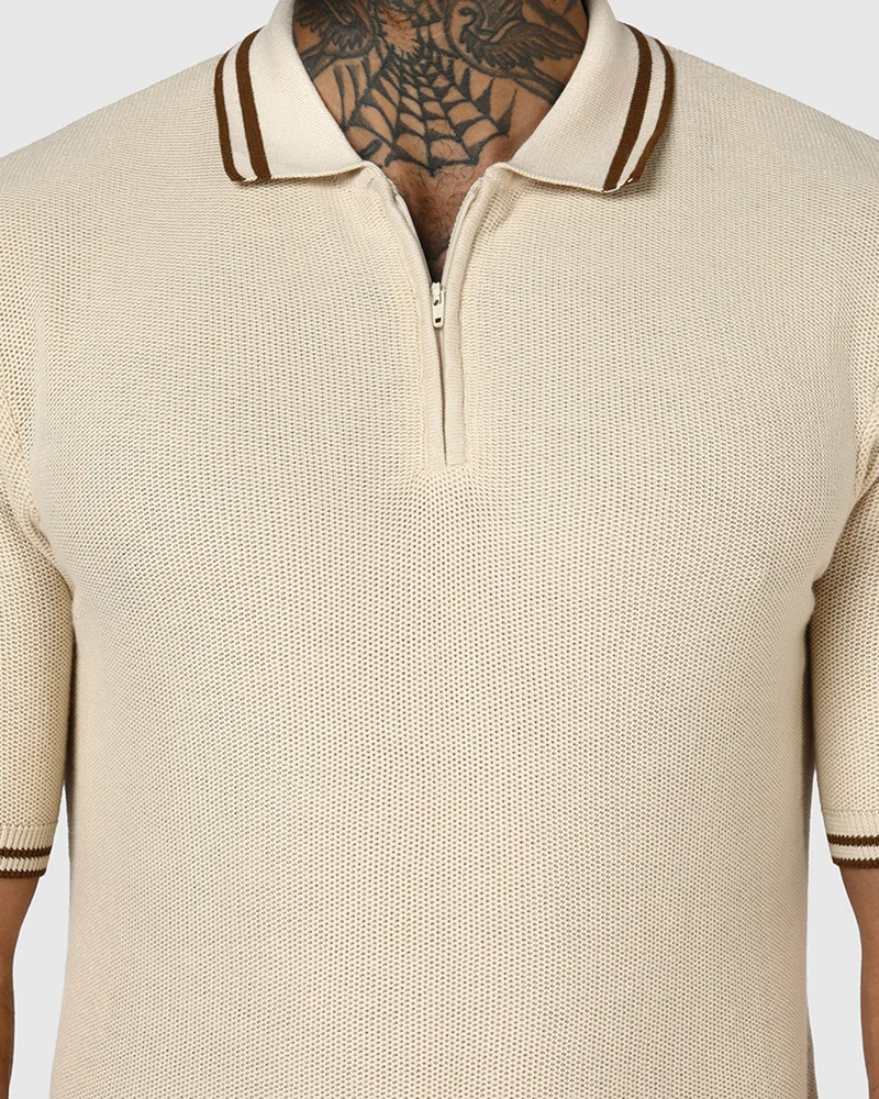 bewakoof Men's Off White Textured Polo T-shirt
