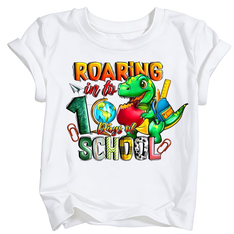 YWAGK Kids 100 Days of School Shirt Boys Dinosaur 100th Day of School T-Shirts Toddler Graphic Tee Tops White (6-7 Years) - Image 1
