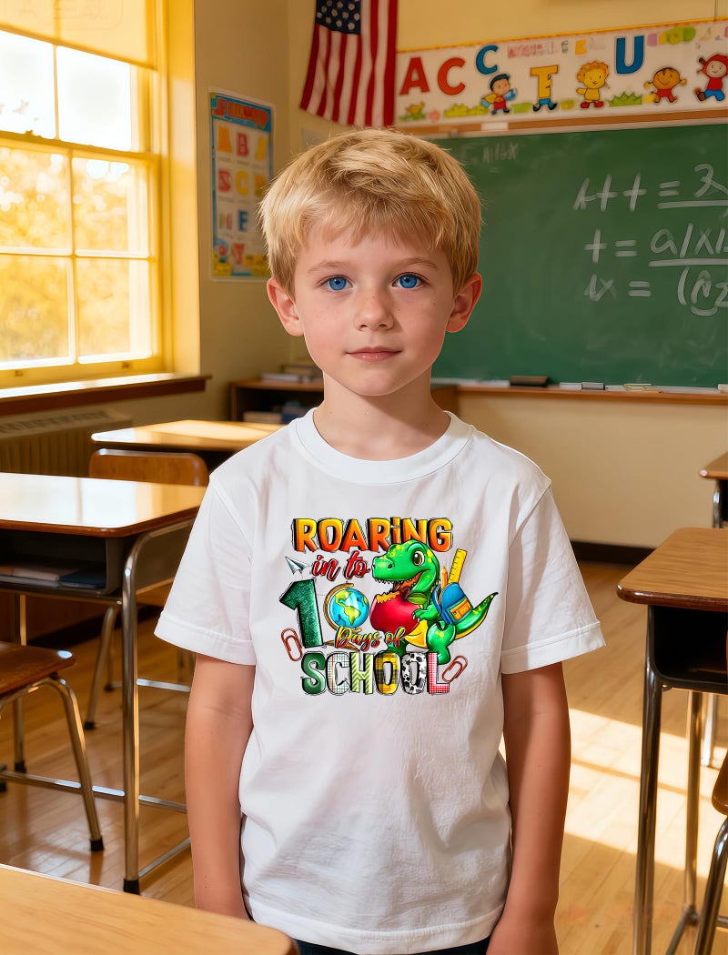 YWAGK Kids 100 Days of School Shirt Boys Dinosaur 100th Day of School T-Shirts Toddler Graphic Tee Tops White (6-7 Years) - Image 4