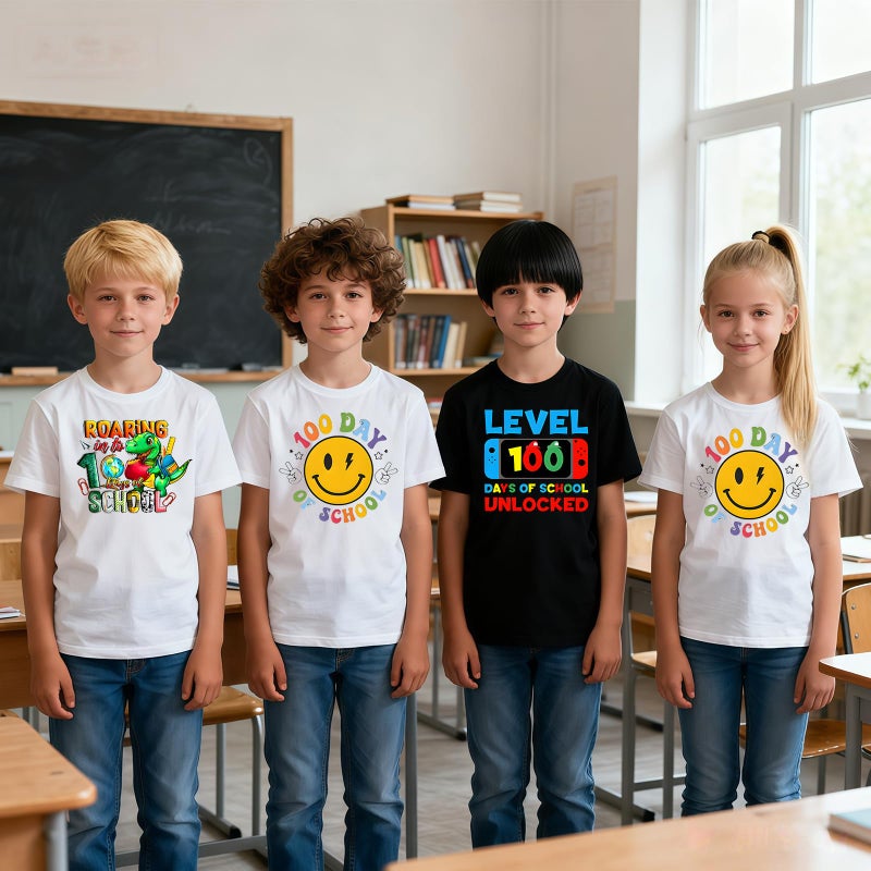YWAGK Kids 100 Days of School Shirt Boys Dinosaur 100th Day of School T-Shirts Toddler Graphic Tee Tops White (6-7 Years) - Image 5
