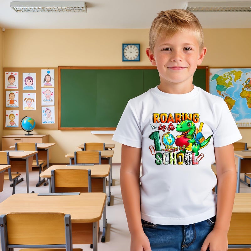 YWAGK Kids 100 Days of School Shirt Boys Dinosaur 100th Day of School T-Shirts Toddler Graphic Tee Tops White (6-7 Years) - Image 3
