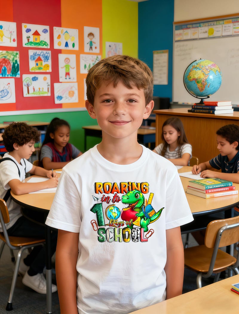 YWAGK Kids 100 Days of School Shirt Boys Dinosaur 100th Day of School T-Shirts Toddler Graphic Tee Tops White (6-7 Years) - Image 2