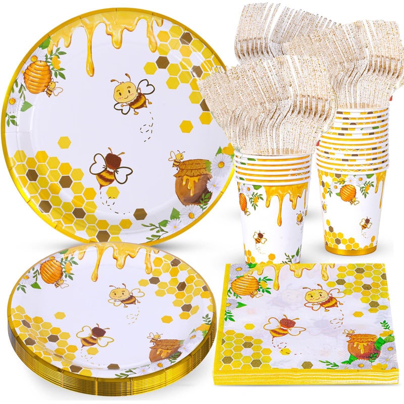 Bee Party Supplies Bee Plates and Napkins Bee Party Plates Cups Napkins and Cutlery Bee Party Decorations for Baby Shower Bee Birthday Happy Bee Day Serves 24
