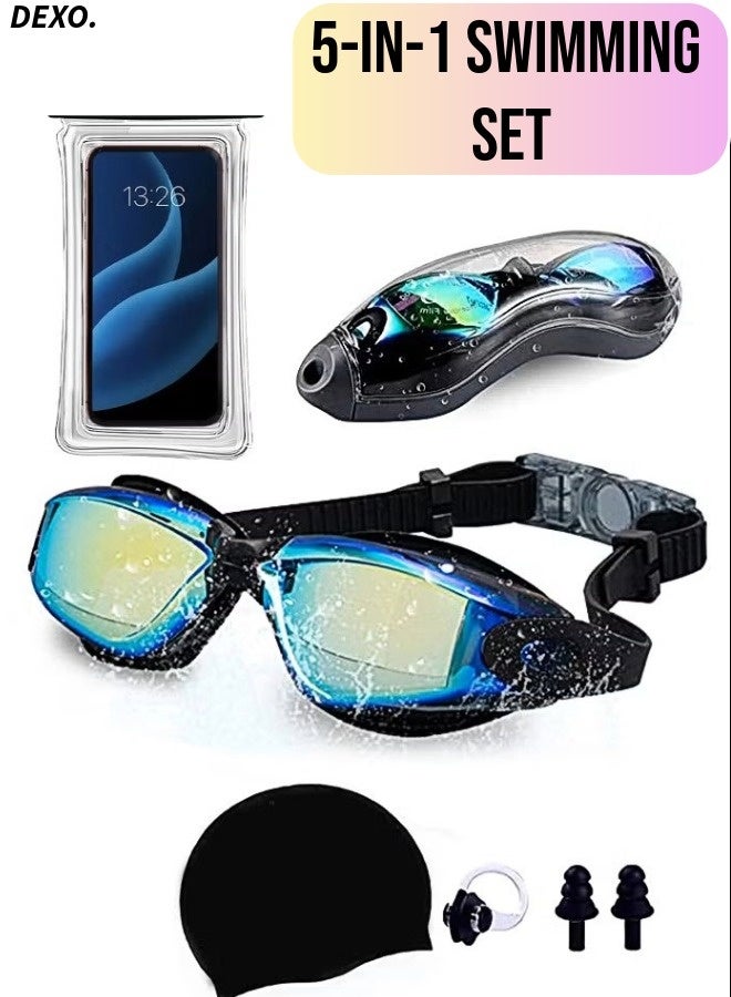 DEXO 5-in-1 Anti-Fog Swimming Goggles Set with UV Protection, Leakproof Silicone Fit, Cap, Nose Clip, Earplugs & Case – Unisex for Men, Women & Teens - Image 1
