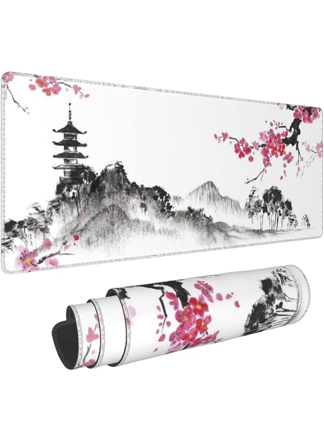 إيروريكس وسادة ماوس للألعاب باللونين الأبيض والأسود من Plum Bossom Cherry Blossom وسادة ماوس كبيرة ممتدة للمكتب بحواف مخيطة وقاعدة مطاطية طويلة غير قابلة للانزلاق وسادة ماوس مقاس 31.5 × 11.8 × 0.12 بوصة A1 - Image 1