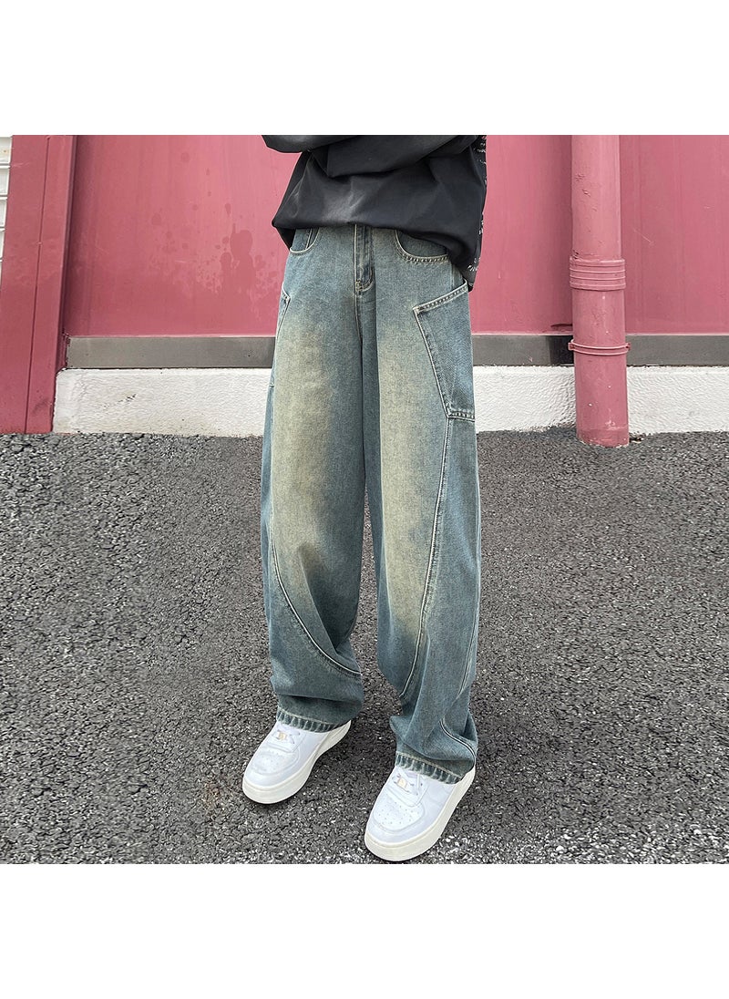 Generic European and American High Street Six-Pocket Machete Nostalgic Stitching Jeans Mens Straight-Leg Loose Trousers Semi-elastic Button Trendy Nostalgic blue 