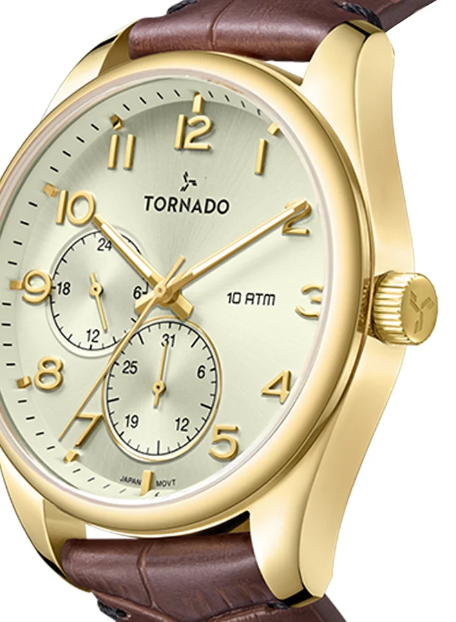 TORNADO Champagne Men's Genuine Leather with crocodile pattern Multi Function Watch T25102-GLDC - 42mm mm for Men | Best Price UAE