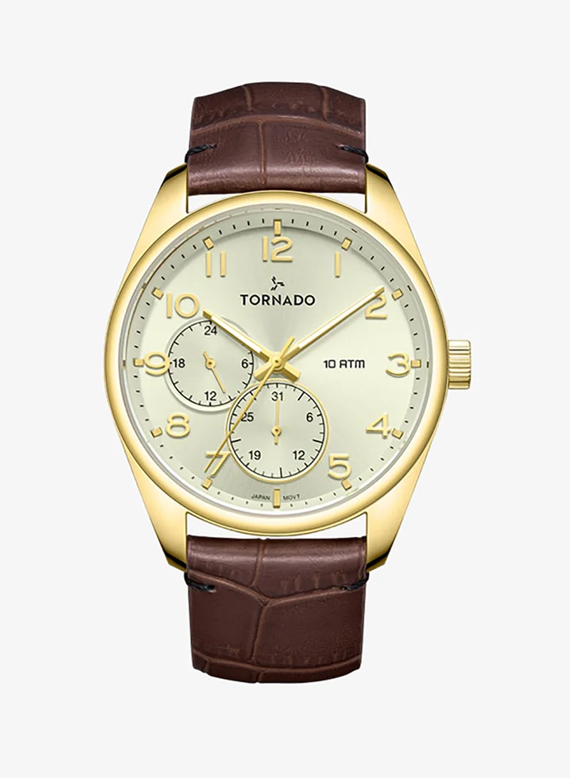 TORNADO Men's Genuine Leather with crocodile pattern Multi Function Watch T25102-GLDC - 42mm mm
