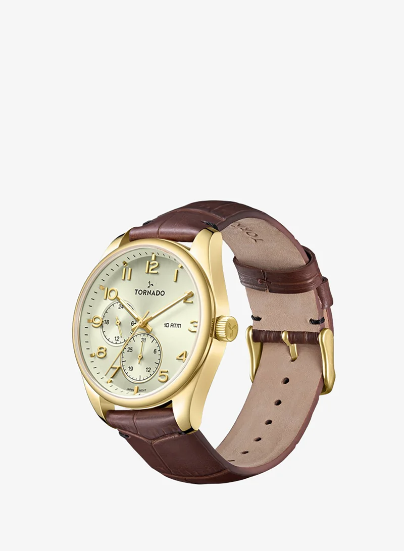TORNADO Men's Genuine Leather with crocodile pattern Multi Function Watch T25102-GLDC - 42mm mm