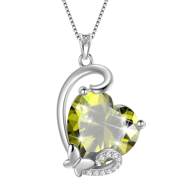 Juwaliy August Birthstone Heart Necklace Butterfly Pendant Green Peridot Jewelry 925 Sterling Silver Women Birthday Christmas Mother's Day Gift - Image 1