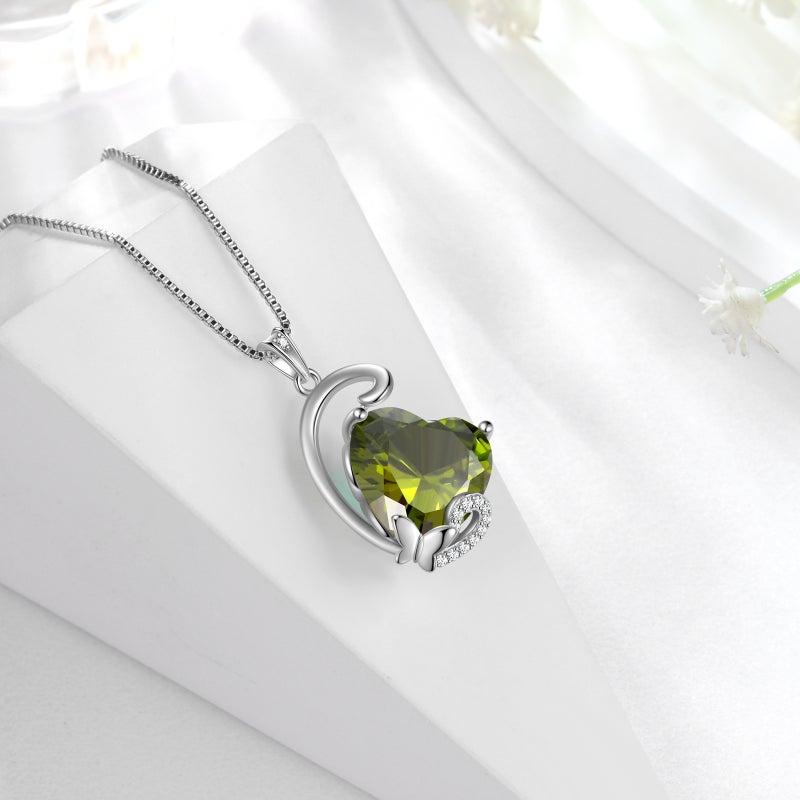 Juwaliy August Birthstone Heart Necklace Butterfly Pendant Green Peridot Jewelry 925 Sterling Silver Women Birthday Christmas Mother's Day Gift - Image 2