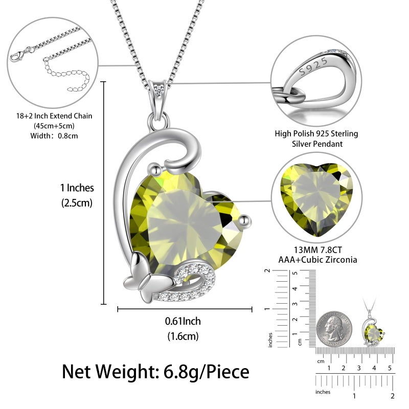 Juwaliy August Birthstone Heart Necklace Butterfly Pendant Green Peridot Jewelry 925 Sterling Silver Women Birthday Christmas Mother's Day Gift - Image 3