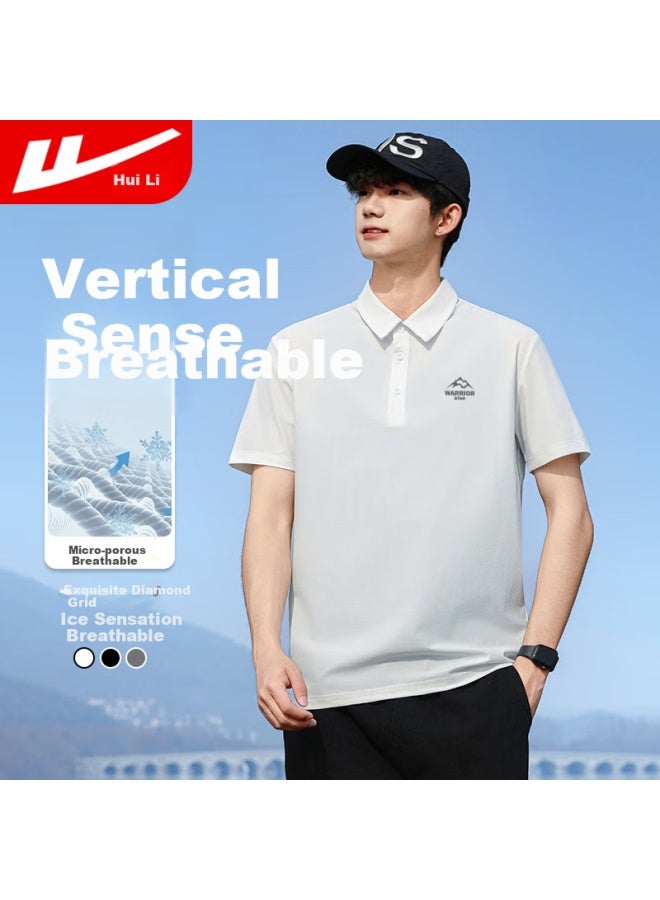 Pull Back Huili Men's Ice Silk Short Sleeve Polo Shirt Summer Quick Dry T-shirt Men's Breathable Turn-down Collar Casual White L - Image 1
