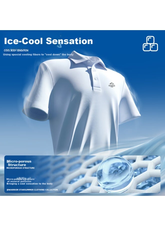 Pull Back Huili Men's Ice Silk Short Sleeve Polo Shirt Summer Quick Dry T-shirt Men's Breathable Turn-down Collar Casual White L - Image 4