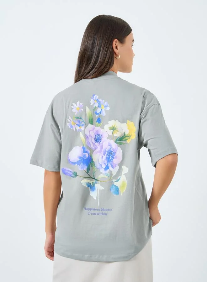 Styli Styli Grey Floral Print Oversized T-Shirt