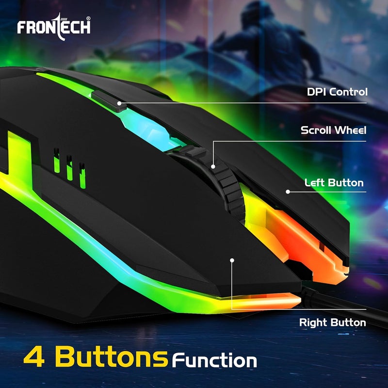 FRONTECH Wired USB Gaming Mouse | 3 Button Mouse| RGB Light| 1500 DPI | Scroll Wheel| Compact and Stylish Design| USB Plug & Play (MS-0067, Black) - Image 3