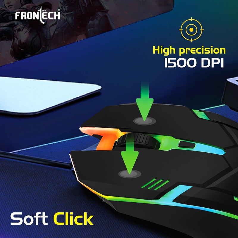 FRONTECH Wired USB Gaming Mouse | 3 Button Mouse| RGB Light| 1500 DPI | Scroll Wheel| Compact and Stylish Design| USB Plug & Play (MS-0067, Black) - Image 5