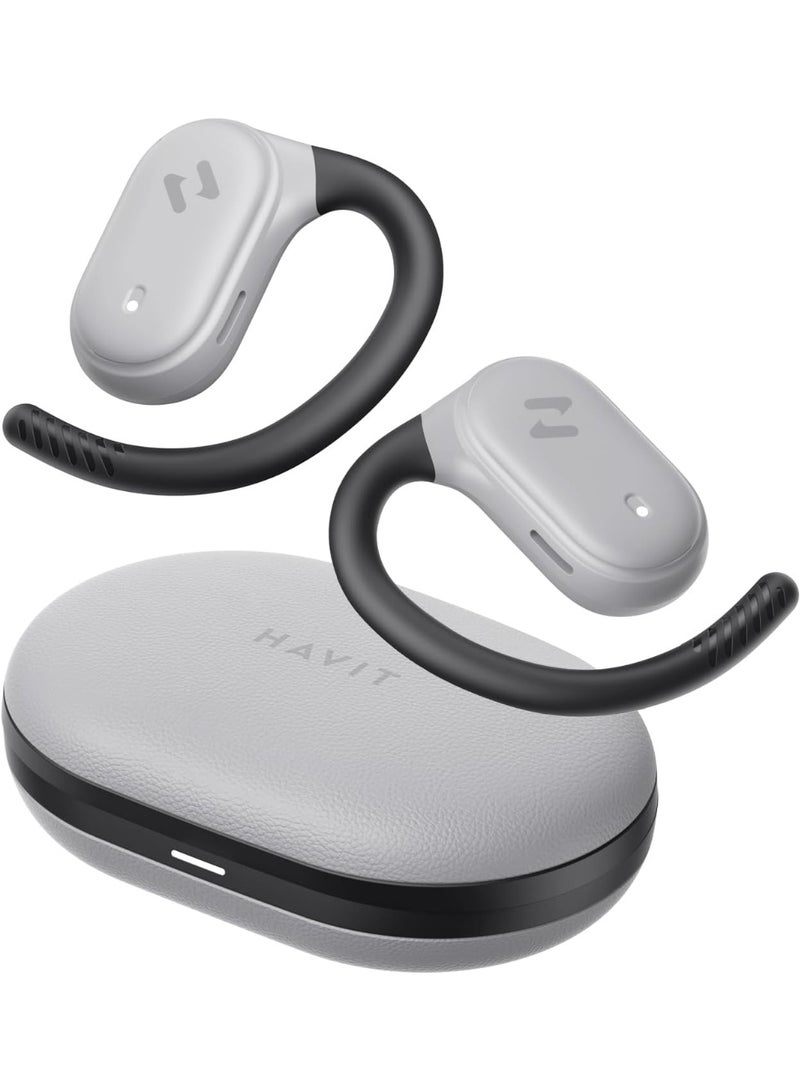 هافيت سماعات أذن مفتوحة – سماعات رياضية مرنة، بلوتوث 5.4، مع صوت فضائي مفتوح، ميكروفون مزدوج وتقنية إلغاء الضوضاء بالذكاء الاصطناعي للمكالمات، بطارية تدوم 64 ساعة، محركات ديناميكية 14.2 مم، مقاومة للماء IPX5، شحن سريع عبر Type-C، اقتران تلقائي عبر مفتاح مغناطيسي، خفيفة الوزن وثابتة ومريحة أثناء الجري، الجيم، التمارين، ركوب الدراجات، السفر، المكالمات والاستماع للموسيقى – رمادي / أسود - Image 1