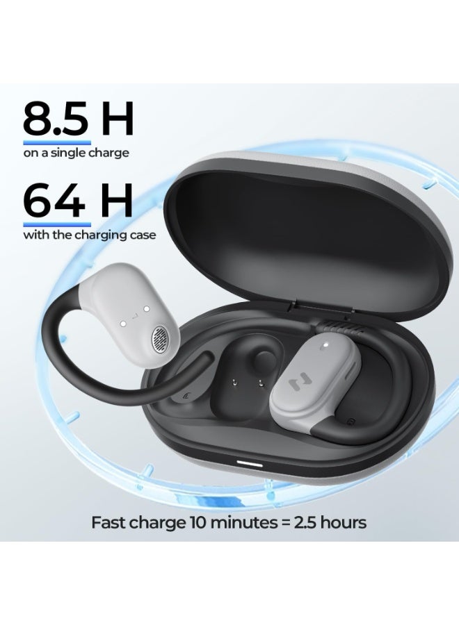 هافيت سماعات أذن مفتوحة – سماعات رياضية مرنة، بلوتوث 5.4، مع صوت فضائي مفتوح، ميكروفون مزدوج وتقنية إلغاء الضوضاء بالذكاء الاصطناعي للمكالمات، بطارية تدوم 64 ساعة، محركات ديناميكية 14.2 مم، مقاومة للماء IPX5، شحن سريع عبر Type-C، اقتران تلقائي عبر مفتاح مغناطيسي، خفيفة الوزن وثابتة ومريحة أثناء الجري، الجيم، التمارين، ركوب الدراجات، السفر، المكالمات والاستماع للموسيقى – رمادي / أسود - Image 4