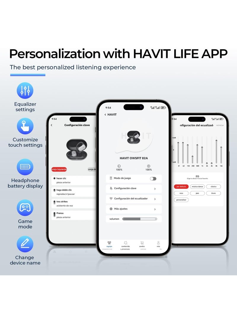 هافيت سماعات أذن مفتوحة – سماعات رياضية مرنة، بلوتوث 5.4، مع صوت فضائي مفتوح، ميكروفون مزدوج وتقنية إلغاء الضوضاء بالذكاء الاصطناعي للمكالمات، بطارية تدوم 64 ساعة، محركات ديناميكية 14.2 مم، مقاومة للماء IPX5، شحن سريع عبر Type-C، اقتران تلقائي عبر مفتاح مغناطيسي، خفيفة الوزن وثابتة ومريحة أثناء الجري، الجيم، التمارين، ركوب الدراجات، السفر، المكالمات والاستماع للموسيقى – رمادي / أسود - Image 5