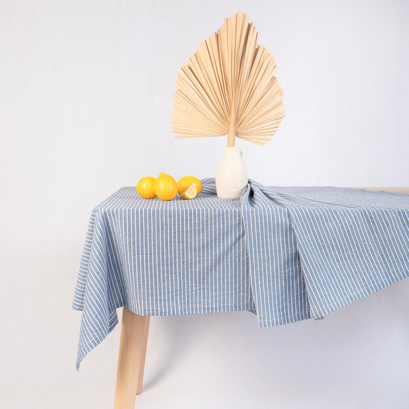 MONDAY MOOSE Striped Farmhouse Picnic Style Decoration Rectangle Natural Stonewashed Cotton Tablecloth for Kitchen, Dining Room, Restaurant (55x70 inch, Blue/White Stripes) - Image 1