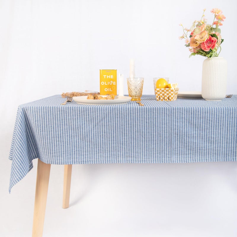 MONDAY MOOSE Striped Farmhouse Picnic Style Decoration Rectangle Natural Stonewashed Cotton Tablecloth for Kitchen, Dining Room, Restaurant (55x70 inch, Blue/White Stripes) - Image 5