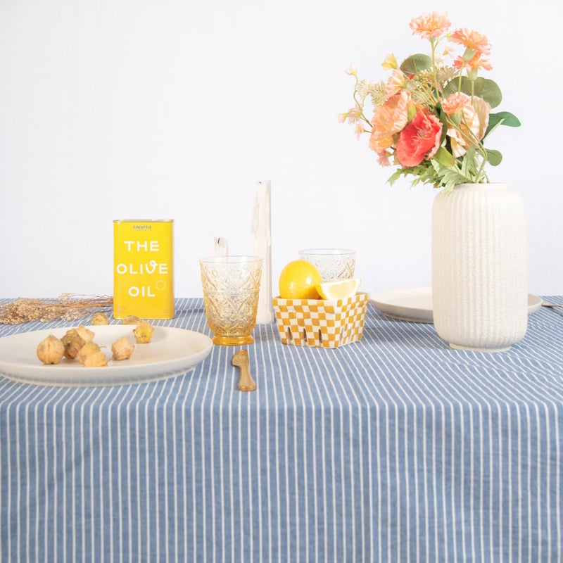 MONDAY MOOSE Striped Farmhouse Picnic Style Decoration Rectangle Natural Stonewashed Cotton Tablecloth for Kitchen, Dining Room, Restaurant (55x70 inch, Blue/White Stripes) - Image 2