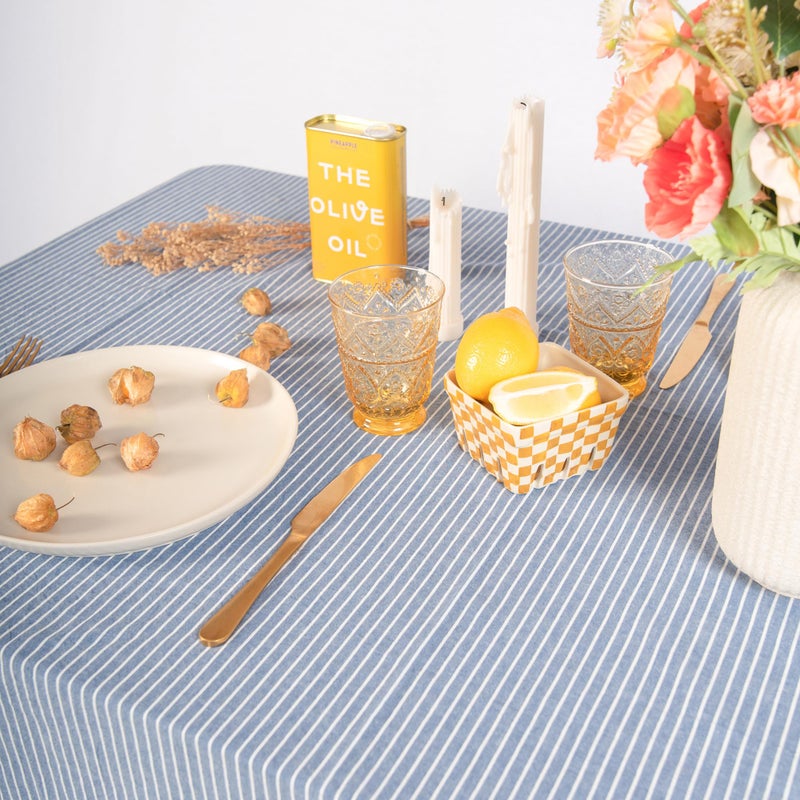 MONDAY MOOSE Striped Farmhouse Picnic Style Decoration Rectangle Natural Stonewashed Cotton Tablecloth for Kitchen, Dining Room, Restaurant (55x70 inch, Blue/White Stripes) - Image 4