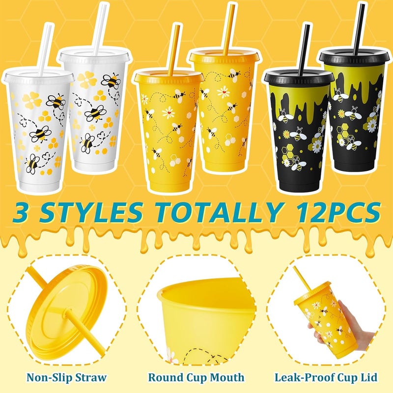 Uiifan أكواب بلاستيكية لحفلة النحل من يويفان 12 قطعة سعة 24 أونصة قابلة لإعادة الاستخدام مع غطاء وقشة لتزيين حفلة عيد ميلاد النحل ولوازم خلية النحل - Image 3