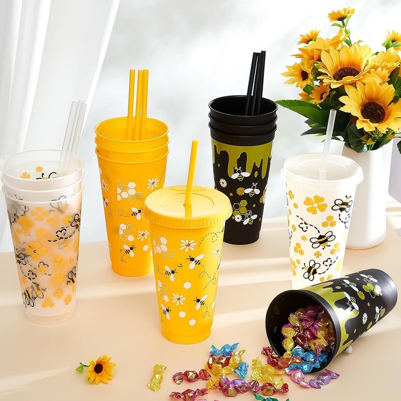 Uiifan أكواب بلاستيكية لحفلة النحل من يويفان 12 قطعة سعة 24 أونصة قابلة لإعادة الاستخدام مع غطاء وقشة لتزيين حفلة عيد ميلاد النحل ولوازم خلية النحل - Image 4