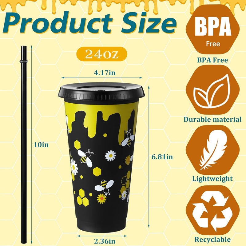 Uiifan أكواب بلاستيكية لحفلة النحل من يويفان 12 قطعة سعة 24 أونصة قابلة لإعادة الاستخدام مع غطاء وقشة لتزيين حفلة عيد ميلاد النحل ولوازم خلية النحل - Image 2