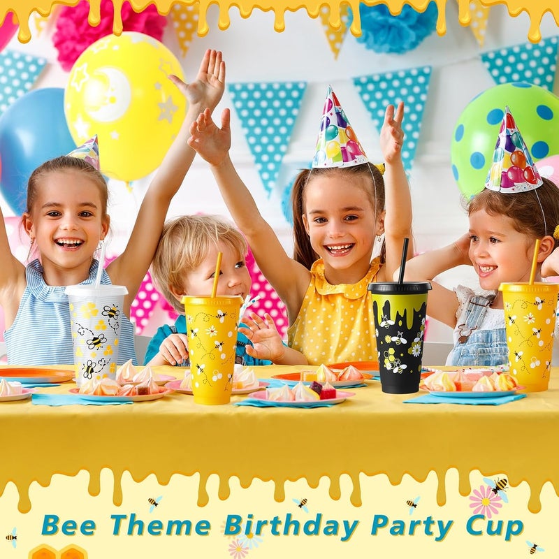 Uiifan أكواب بلاستيكية لحفلة النحل من يويفان 12 قطعة سعة 24 أونصة قابلة لإعادة الاستخدام مع غطاء وقشة لتزيين حفلة عيد ميلاد النحل ولوازم خلية النحل - Image 5