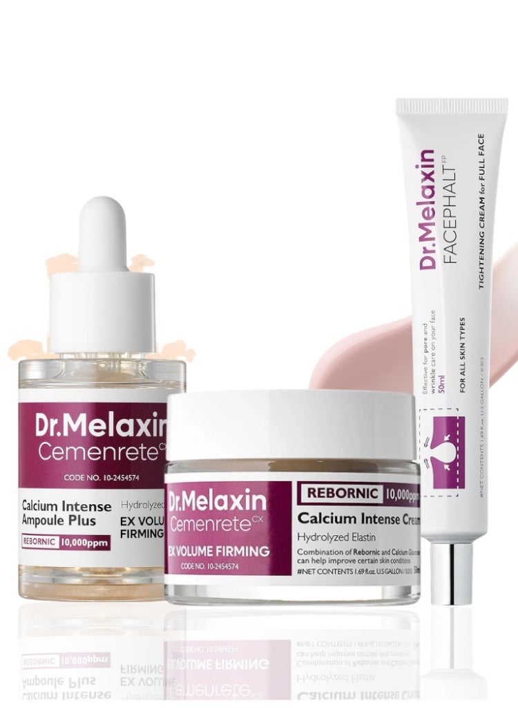دكتور ميلاكسين مجموعة Dr. Melaxin Firming من 3 قطع – أمبول كالسيوم وكريم فوليوم وكريم Facephalt للشد ورفع البشرة والعناية بالمسام - Image 1