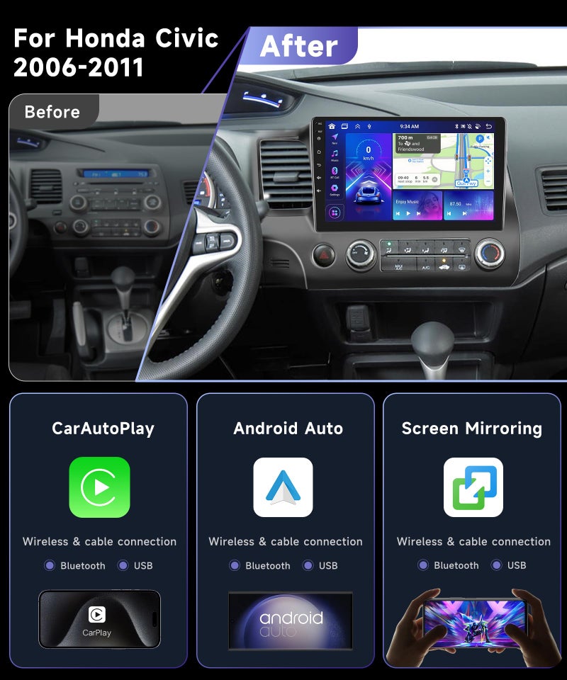 Podofo 8 Core 4G+64G Car Radio Stereo for Honda Civic 2006-2011 with 10.1" 1280 * 720 IPS Touch Screen/DSP 46EQ/Wireless CarPlay/Android Auto/BT 5.0/GPS/FM/RDS/WiFi/4G LET/MirrorLink/Backup Camera - Image 3