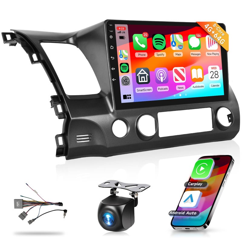 Podofo 8 Core 4G+64G Car Radio Stereo for Honda Civic 2006-2011 with 10.1" 1280 * 720 IPS Touch Screen/DSP 46EQ/Wireless CarPlay/Android Auto/BT 5.0/GPS/FM/RDS/WiFi/4G LET/MirrorLink/Backup Camera - Image 1