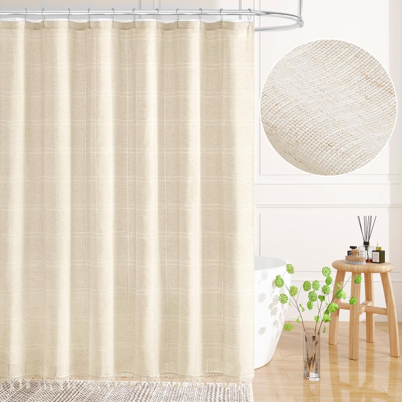 Craidlela Linen Boho Farmhouse Shower Curtain Set with Tassel, Modern Bohemian French Country Chic Bathroom Shower Curtain Set with PEVA Liner, Cotton Hollow Fabric Shower Curtain,72x72 - Beige/Cream - Image 2