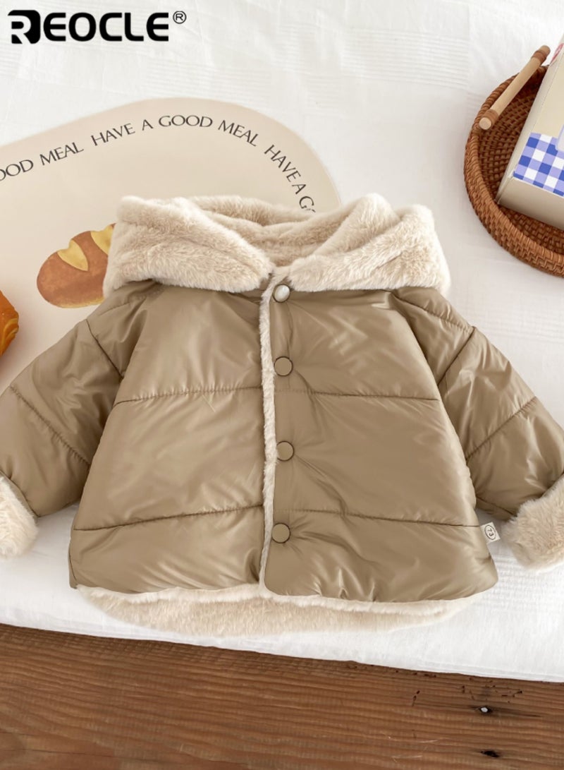 REOCLE Kid's Furry Hooded Coat with Plush Lining and Winter Warmth Design Animal Themed Jacket with Thick Insulation for Cold Weather - Image 3
