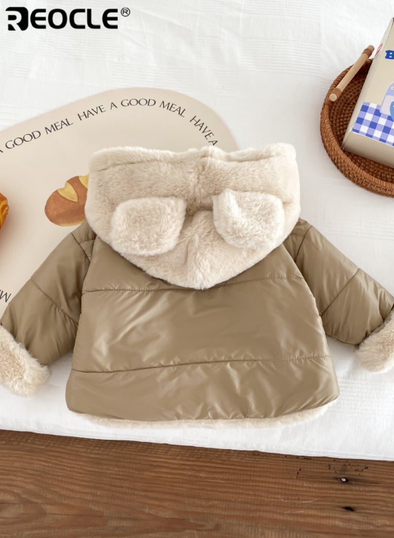 REOCLE Kid's Furry Hooded Coat with Plush Lining and Winter Warmth Design Animal Themed Jacket with Thick Insulation for Cold Weather - Image 4