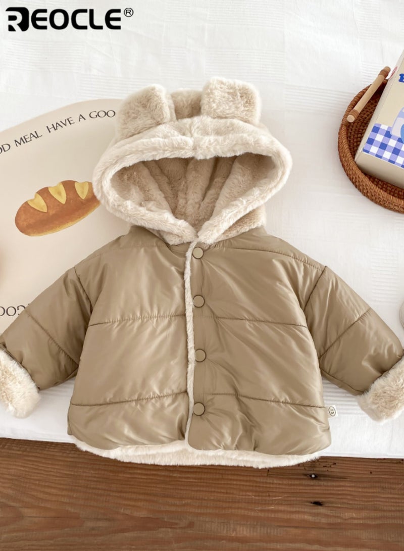 REOCLE Kid's Furry Hooded Coat with Plush Lining and Winter Warmth Design Animal Themed Jacket with Thick Insulation for Cold Weather - Image 2