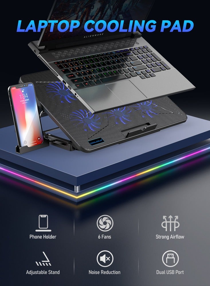 COOLCOLD Ultra Slim Laptop Cooling Pad - 6 Quiet LED Fans for Efficient Cooling, Adjustable Fan Speed, USB Powered, Portable Design for 13-17 Inch Laptops, Ideal for Gaming and Everyday Use,With mobile phone holder - Image 3