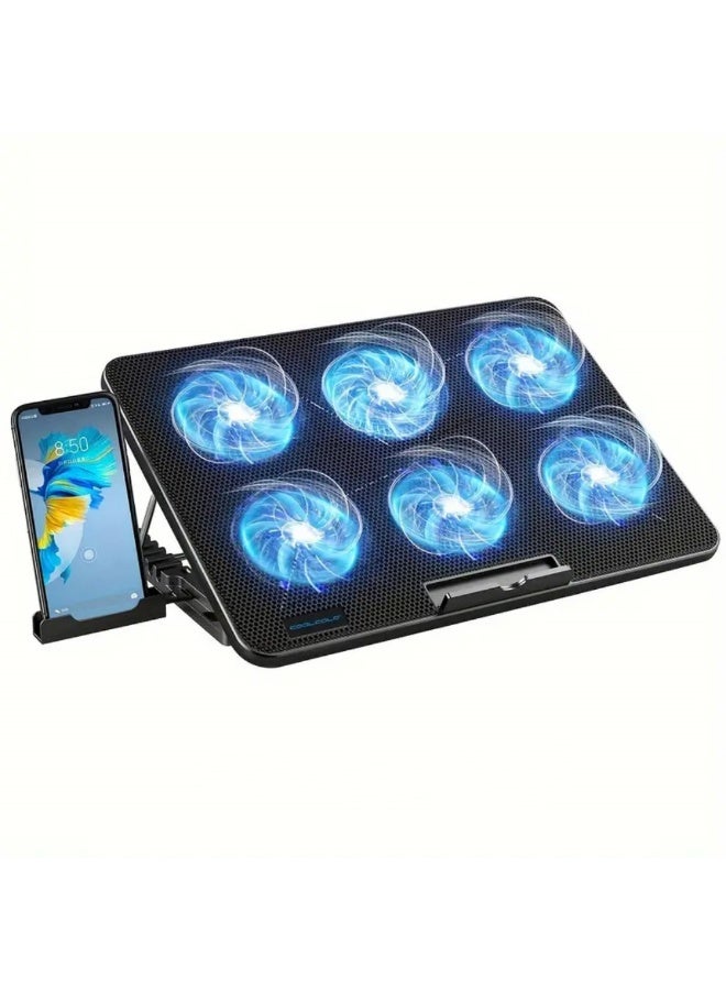COOLCOLD Ultra Slim Laptop Cooling Pad - 6 Quiet LED Fans for Efficient Cooling, Adjustable Fan Speed, USB Powered, Portable Design for 13-17 Inch Laptops, Ideal for Gaming and Everyday Use,With mobile phone holder - Image 1