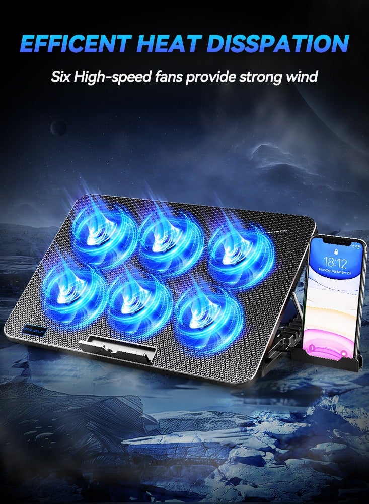 COOLCOLD Ultra Slim Laptop Cooling Pad - 6 Quiet LED Fans for Efficient Cooling, Adjustable Fan Speed, USB Powered, Portable Design for 13-17 Inch Laptops, Ideal for Gaming and Everyday Use,With mobile phone holder - Image 2