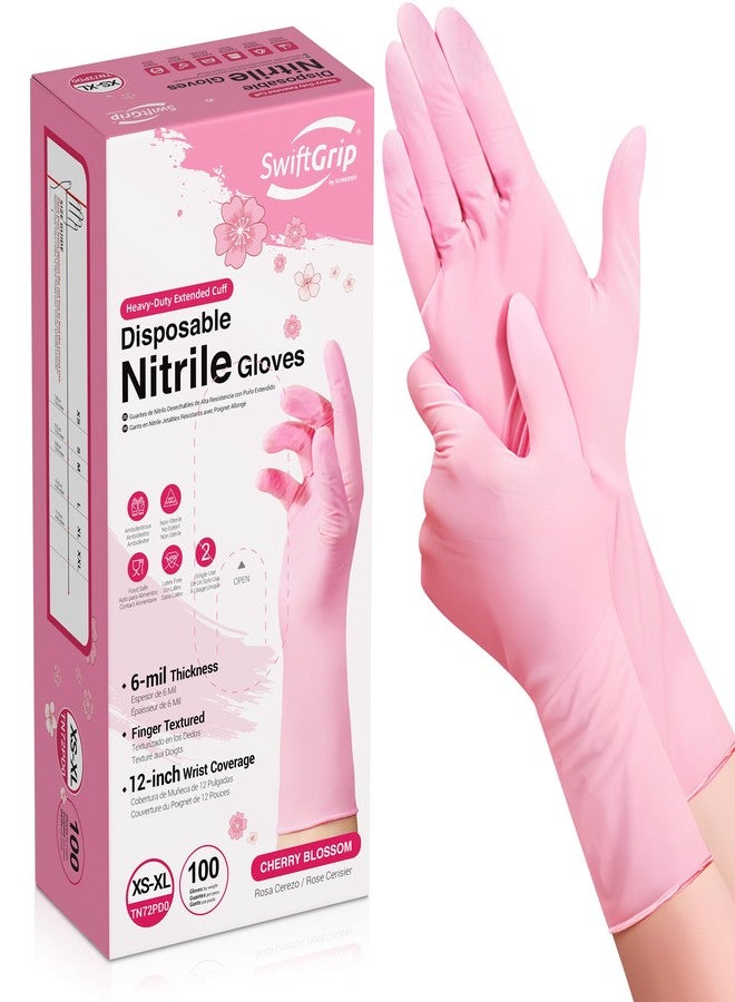 SwiftGrip Disposable Nitrile Gloves, Cherry Blossom, Small, 6-mil, Powder-Free, Latex-Free, Food Grade Gloves, Extended 12 Inches Cuff, Work for Cleaning, Hair Dye, Cooking (Box of 100) - Image 1