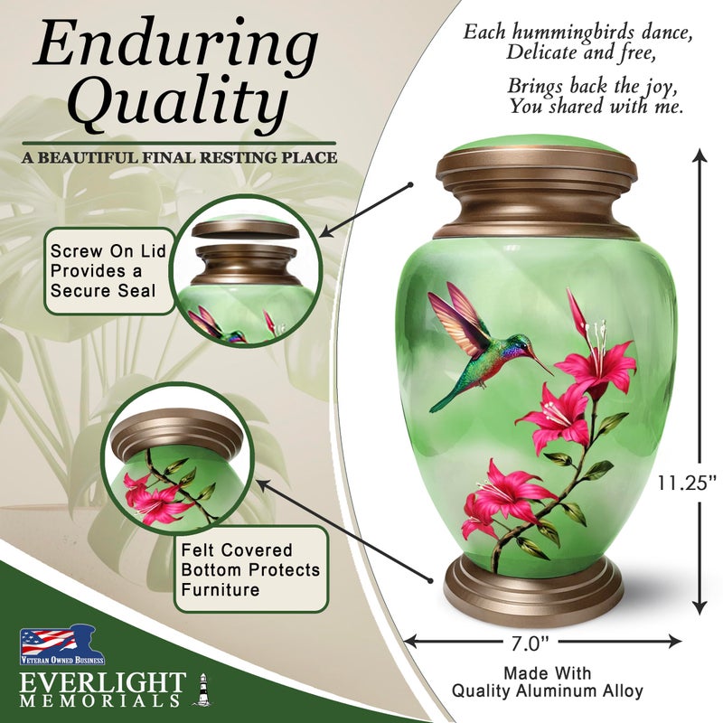 Everlight Memorials Green Hummingbird Cremation Urn for Women â€” Large Memorial Urn for Human Ashes â€” A Tribute of Peace, Renewal & Everlasting Love (Adult) - Image 5