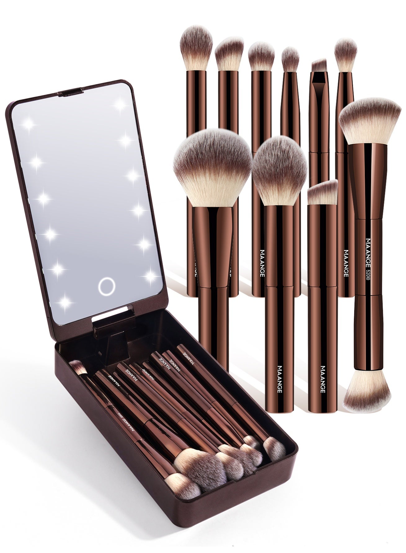 11Pcs Professional Makeup Brushes with LED Makeup Organizer, Premium Synthetic Face Foundation Powder Blush Eyeshadow Blending Eye Brush Set Travel Makeup Brushes Set,Brown