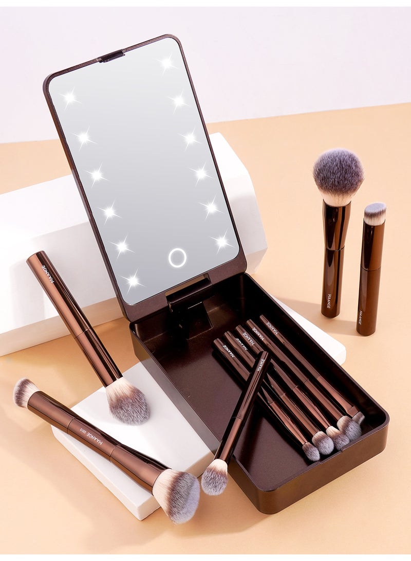 MAANGE 11Pcs Professional Makeup Brushes with LED Makeup Organizer,  Premium Synthetic Face Foundation Powder Blush Eyeshadow Blending Eye Brush Set Travel Makeup Brushes Set,Brown - Image 2