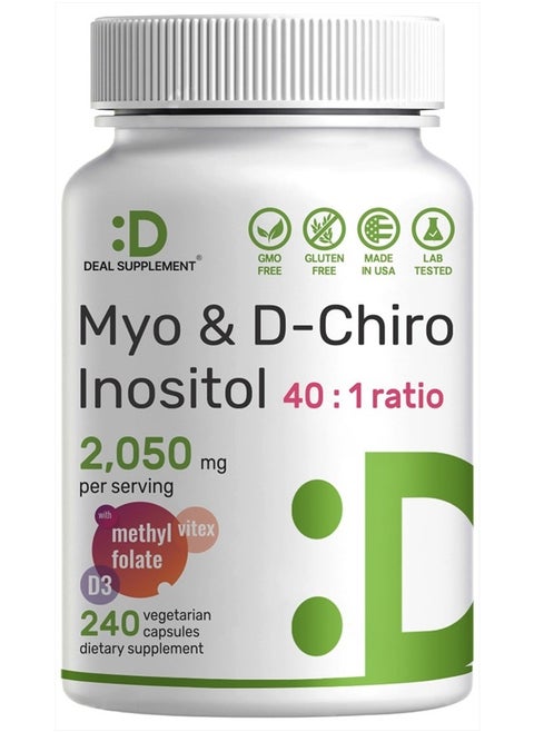 Myo-Inositol & D-Chiro Inositol Supplement (40:1) 2,050mg Per Serving, 240 Veggie Capsules – with Folate, Vitamin D3, & Vitex Complex – Women Health Supplements – Non-GMO
